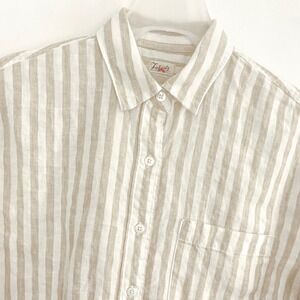Faherty Women's XS Linen Shirt Beige Stripe Button Up Coastal Lightweight